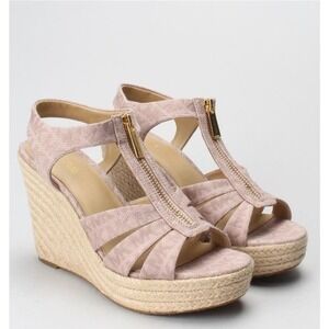 MICHAEL KORS PINK WEDGE SANDAL BERKLEY LOGO JACQUARD IN SOFT PINK SIZE 10